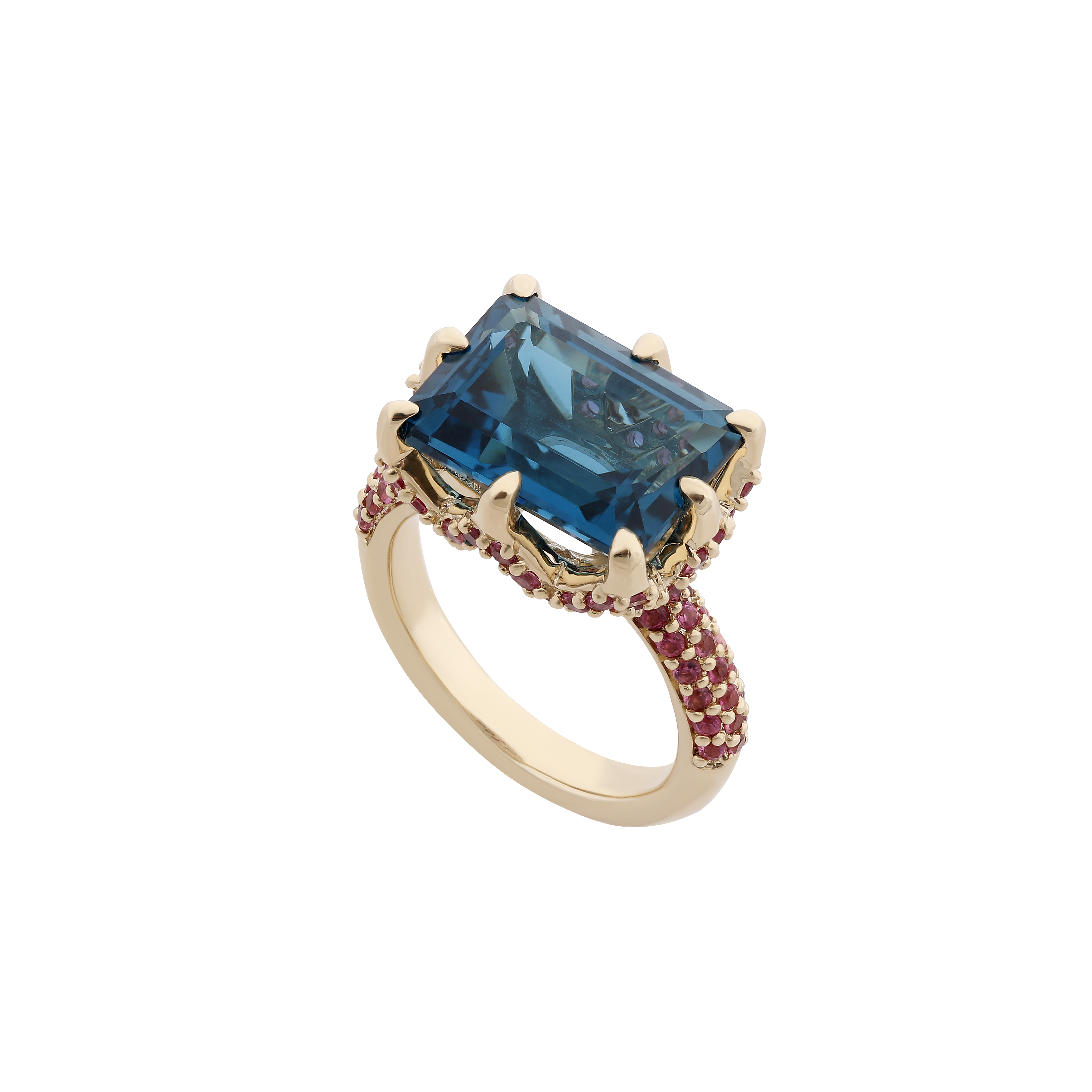 9ct Yellow Gold Claw-Set London Blue Topaz and Pavé-Set Pink Tourmaline Cocktail Ring