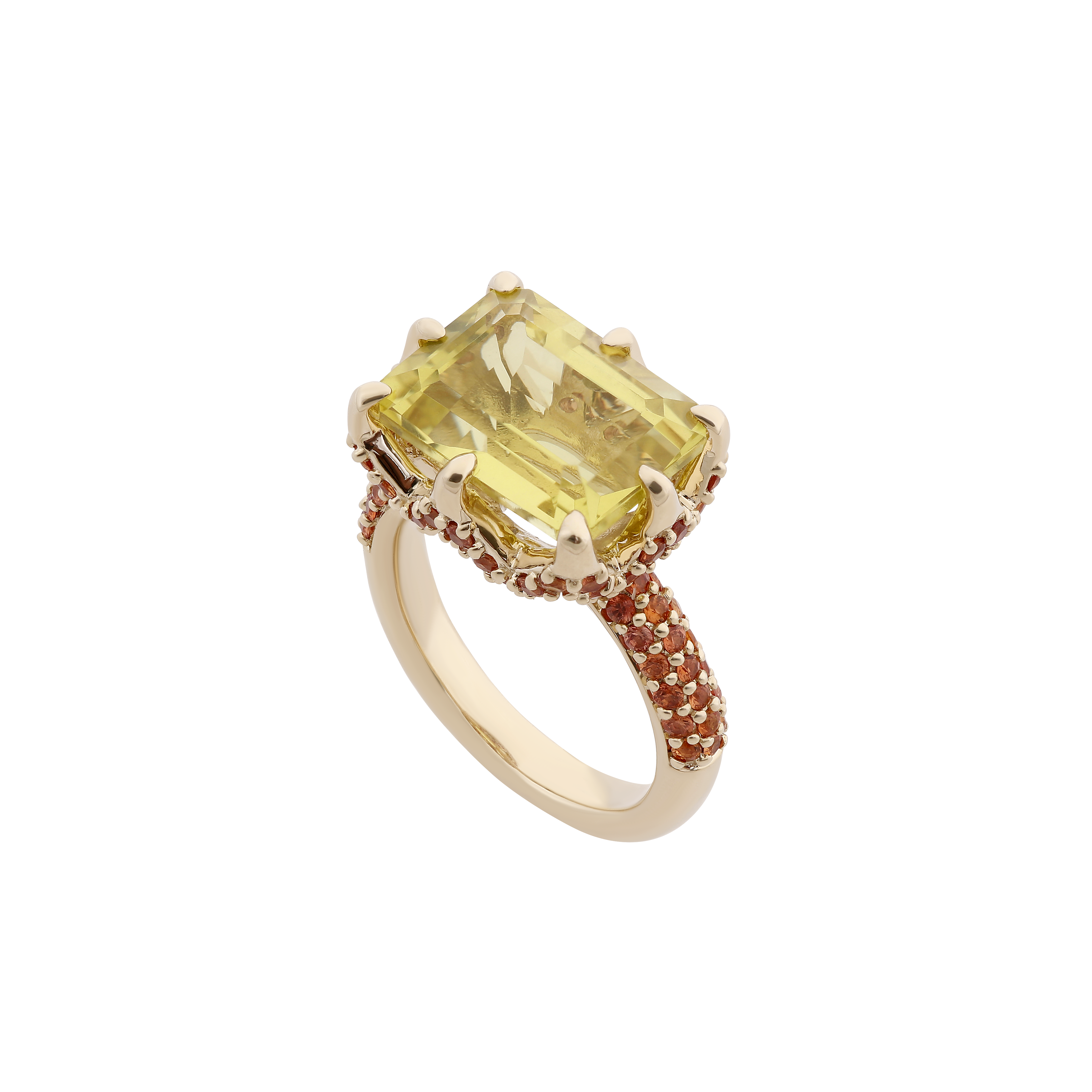 9ct Yellow Gold Claw-Set Lemon Quartz and Pavé-Set Orange Sapphire Cocktail Ring