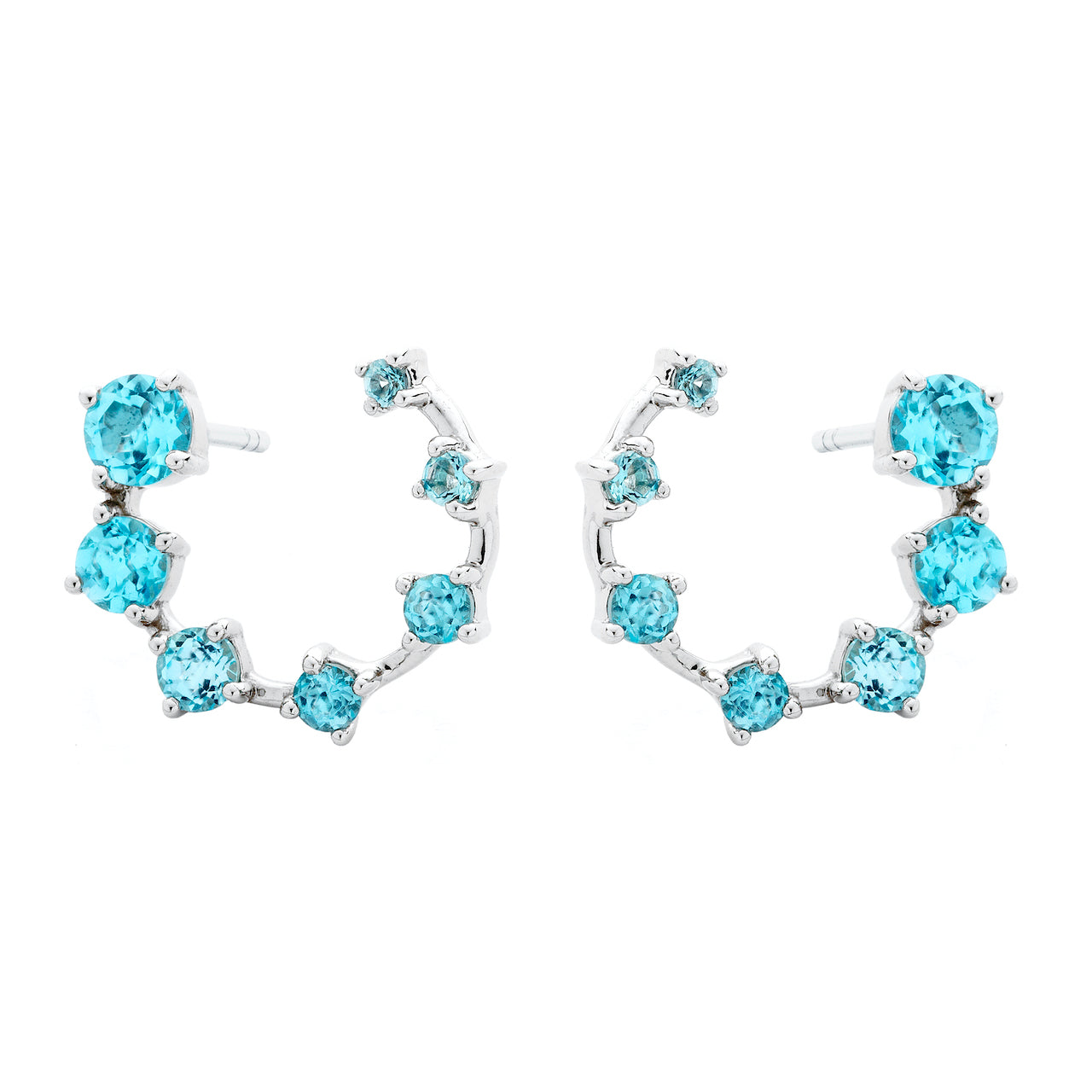 9ct White Gold Seven-Stone Claw-Set Swiss Blue Topaz Hoop Earrings