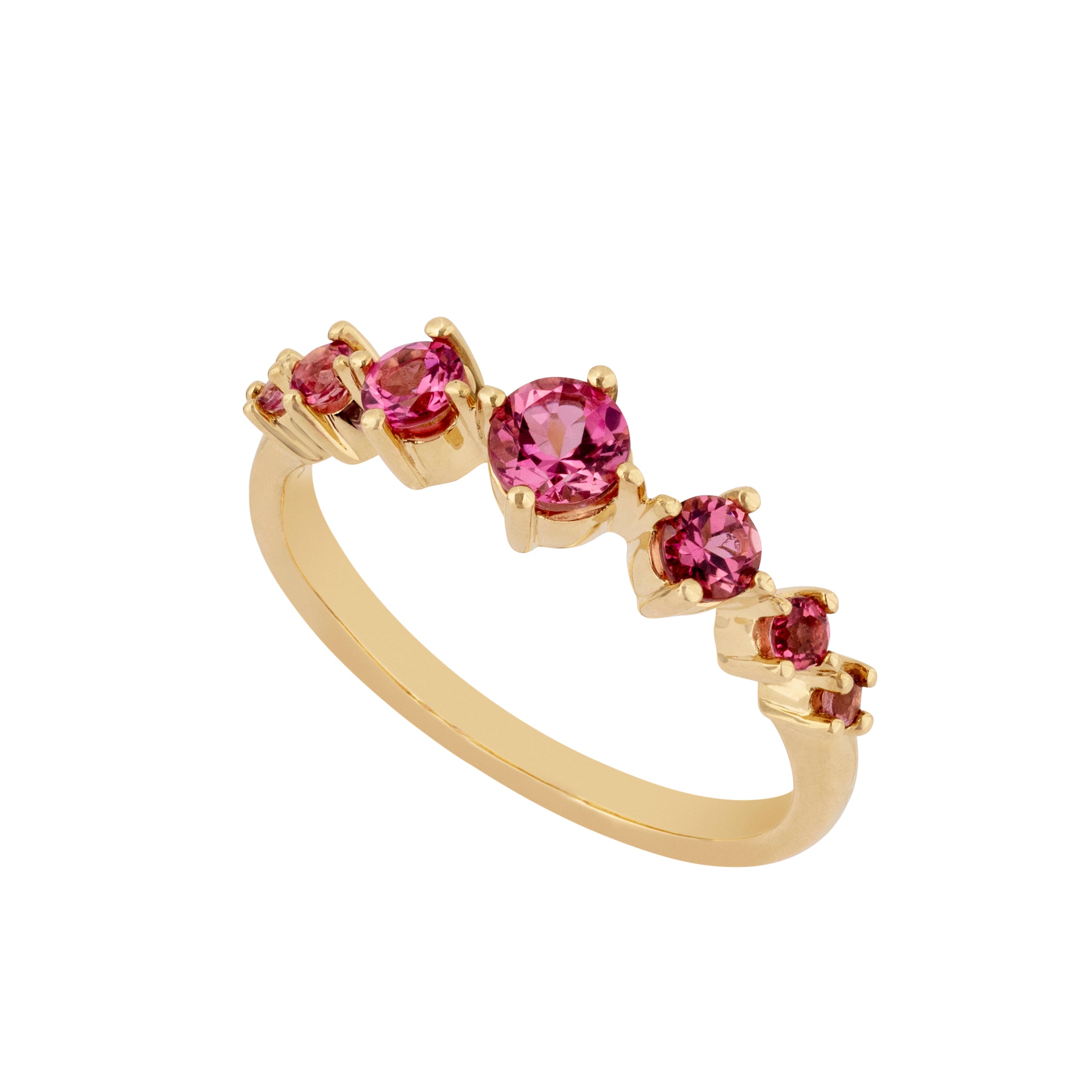 9ct Yellow Gold Seven-Stone Claw-Set Pink Tourmaline Ring