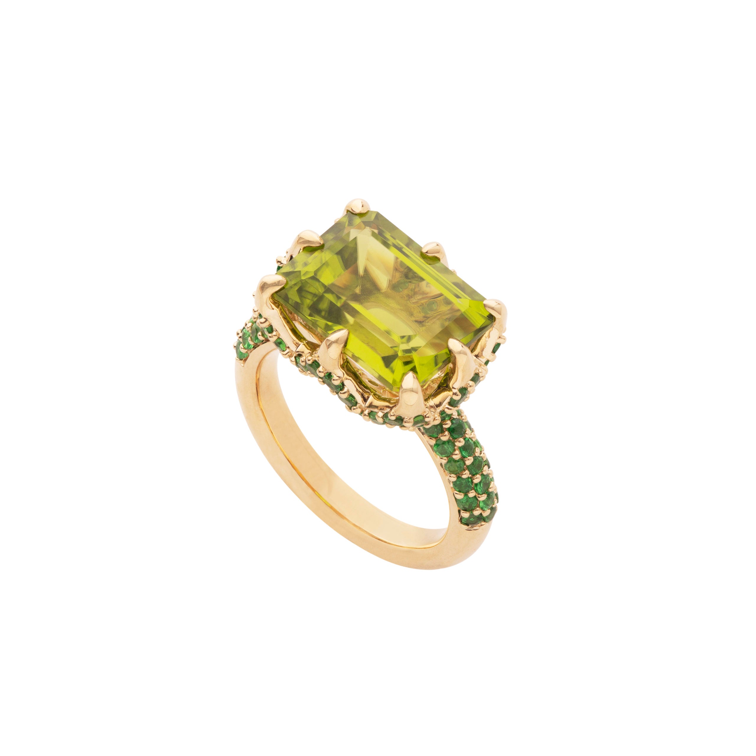 9ct Yellow Gold Claw-Set Peridot and Pavé-Set Tsavorite Cocktail Ring