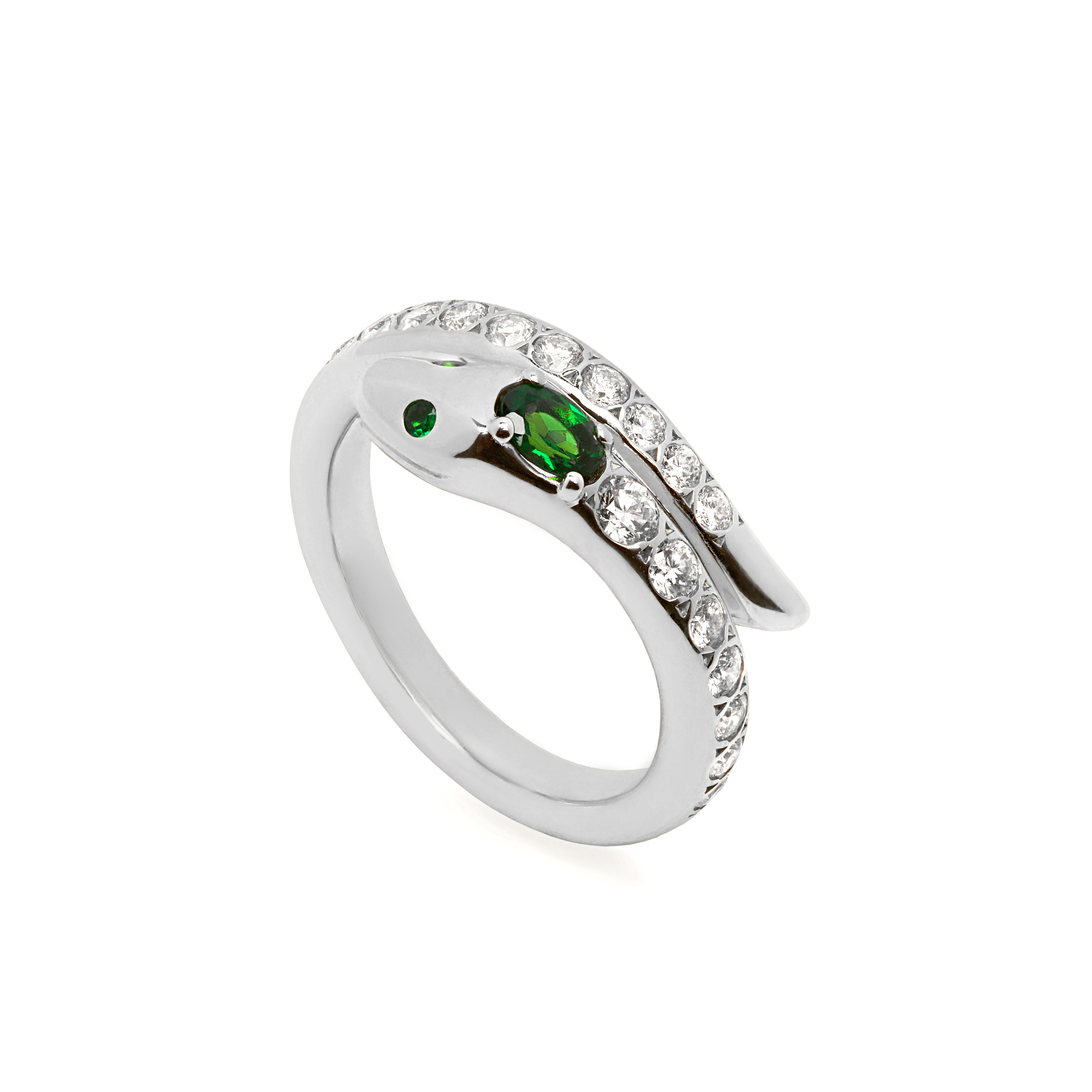 9ct White Gold Snake Ring with Diamond and Tsavorite