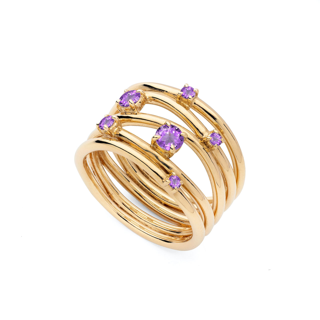 9ct Yellow Gold Wide Band Wire Ring With Scattered Amethyst