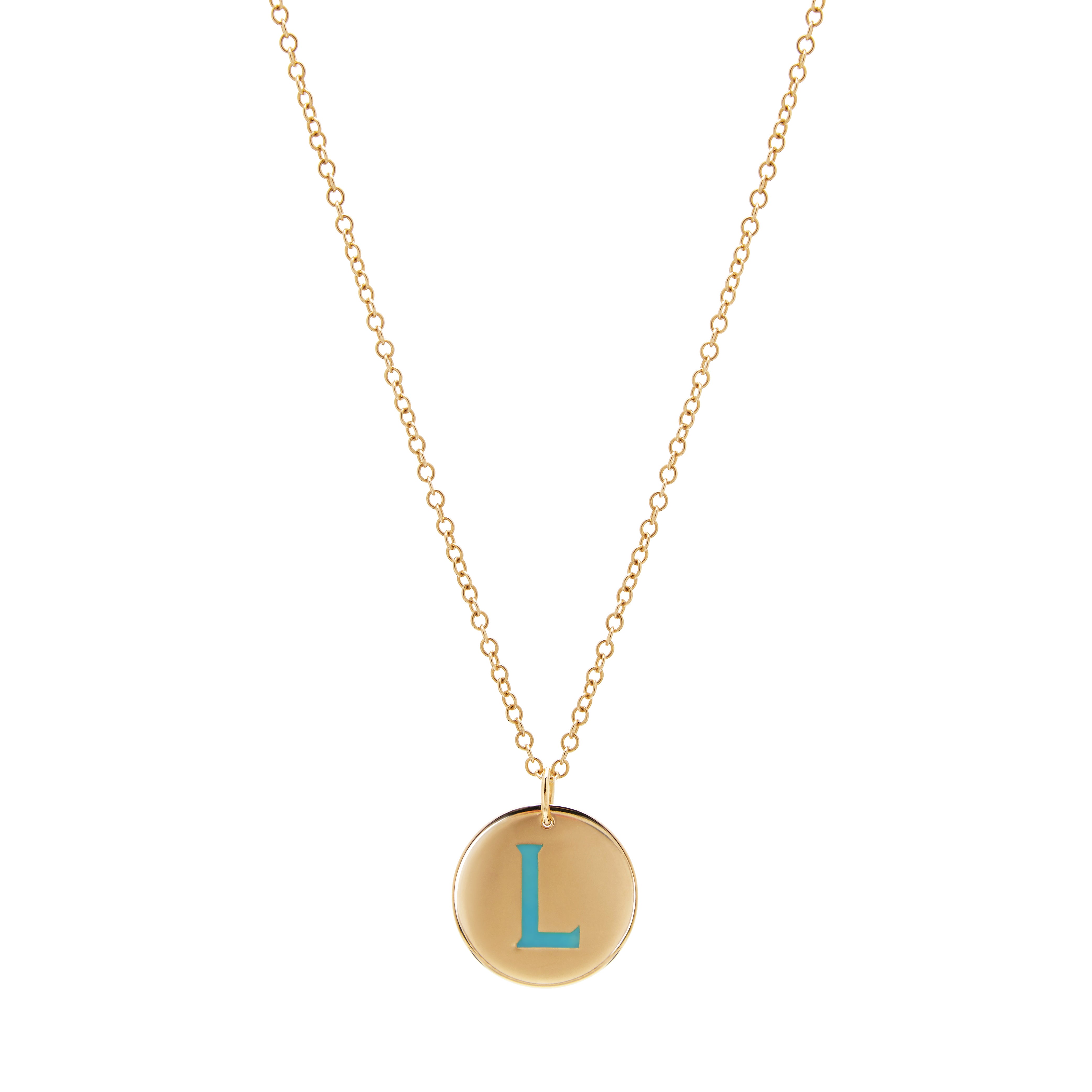 Yellow Gold Disc Pendant with Personalised Enamelled Initial